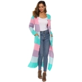 Lange Strickjacke mit bunten Streifen, großen Taschen und offenem Front-Design - S / Blau & Rosa