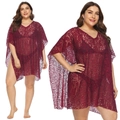 Plus size gehaakte kanten strand cover-up in dieprood met V-hals en wijde vleermuismouwen - 1XL / Bordeauxrood