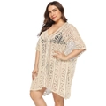 Detail of beige crochet knit cover-up with V-neck and hollow-out texture on beachwear - One Size / Apricot