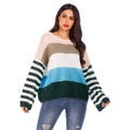 Jersey de punto holgado para mujer con rayas de colores y hombros caídos - S / Verde Oscuro