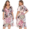 Short sleeve V-neck wrap dress with retro floral print and drawstring waist in purple and black - 0XL / Rainbow