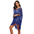 Dark blue crochet V-neck beach cover-up with batwing sleeves and fringe hem details - One Size / Dark Blue