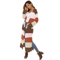 Detailansicht eines langen gestreiften Strick-Cardigans mit hohem Seitenschlitz - S / Grau Rosa