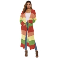 Detail einer langen gestreiften Regenbogen-Strickjacke mit Taschen und lockerem Schnitt - S / Orange Grün