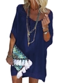 Robe de plage bleu foncé avec col en V, broderie ajourée élégante et manches chauve-souris - Taille unique / Bleu Marine