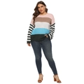 Detail of multi-color striped knit sweater with round neck and long patchwork sleeves - L / Dark Green