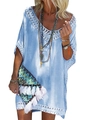 Robe de plage bleu clair à col en V avec des détails de bordures en dentelle blanche - Taille unique / Bleu ciel