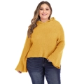 Plus size mustard yellow knit hoodie with bell sleeves shown on model in white background - One Size / Yellow