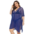 Macro detail of dark blue crochet beach cover-up showing intricate geometric openwork texture - One Size / Dark Blue