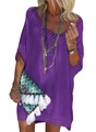 Robe de plage violette à col en V avec dentelle au crochet et sac à pompons chic - Taille unique / Violet foncé