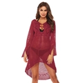 Robe de plage au crochet rouge vin pour femmes avec manches évasées et ourlet irrégulier - Taille unique / Bordeaux