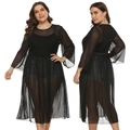 Vestido de malla transparente negra de talla grande con mangas acampanadas y diseño sexy - 1XL / Negro