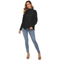 Women's black hollow knit sweater with high neck and scalloped texture long sleeves - Black