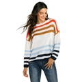 Women's loose colorful striped knit sweater with dropped shoulders and ribbed cuffs - L / Blue White