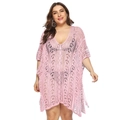 Dettaglio del copricostume da spiaggia rosa all'uncinetto con scollo a V e trama traforata - Taglia unica / Top / Rosa