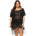 Detail view of black plus size hollow-out knit beach cover-up with long fringe tassels - 1XL / Tops / Black
