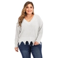 Plus size white V-neck knit sweater with distressed fringe details and relaxed fit - L / Tops / White