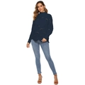 Navy blue high neck pointelle knit sweater with long sleeves and wavy hem design - Navy Blue