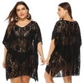 Vestido de playa de talla grande en encaje negro con cuello en V y bordados florales - 1XL / Negro