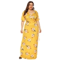 Makro-Detail von V-Ausschnitt Maxi-Kleid mit Blumenmuster und Taillenbindung - 3XL / Gelb