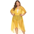 Detail of light yellow chiffon beach cover-up with drawstring waist and loose sleeves - Yellow