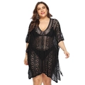 Detailed view of black crochet hollow-out V-neck beach cover-up with tassel fringe hem - One Size / Black