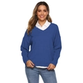 Detail of blue V-neck knit sweater with clear texture layered over white shirt - Blue
