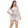 Detail of white crochet knit cover-up showing hollow texture and long fringe hem - 1XL / Tops / White