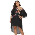 Close-up of colorful crochet flower embroidery on a black plus size beach dress v-neckline - One Size / Tops / Black