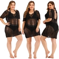 Vestido playero de malla negra talla grande con diseño calado y estilo transparente - 1XL