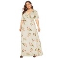 Ganzkörperansicht eines Maxikleides in Salbeigrün mit Blumenmuster und V-Ausschnitt für Damen - 0XL/L / Aprikose