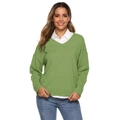 Detail of green V-neck knitted sweater featuring drop shoulders and fine knit texture - Green