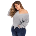 Detail of distressed ripped edges on a grey V-neck knitted sweater for women - L / Gray