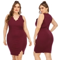 Vestido ajustado sin mangas de talla grande en color burdeos con bordes festoneados - XL / Burdeos