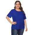 Detail of royal blue short sleeve top featuring laser-cut geometric hollow lace hemline - Sapphire Blue