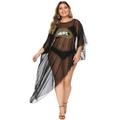 Detail eines schwarzen Mesh-Überwurfs in Übergröße mit Leoparden-Lippen-Print und Saum - XL / Schwarz (Leopardenlippe)