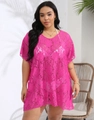 Detailed macro view of the magenta floral lace fabric texture on the beach cover-up dress - 1XL / Tops / Rose Red