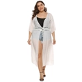 White semi-sheer plus size long beach cover-up with drawstring waist and lace details - One Size / White