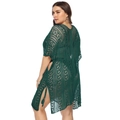 Detail of forest green crochet lace beach cover-up featuring fringe and side slits - One Size / Dark Green