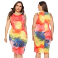 Mouwenloze nauwsluitende jurk in grote maten met kleurrijke tie-dye patronen en slim fit - 0XL/L / Regenboog/Tie-dye