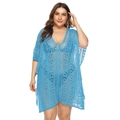 Detailed view of light blue crochet beach cover-up with V-neck and fringe tassel hem - One Size / Light Blue