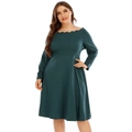 Detail view of scalloped neckline and dark green fabric texture of this long sleeve dress - 1XL / Dark Green