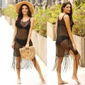 Sexy black mesh beach cover-up dress with spaghetti straps and long fringe tassels - One Size / Black