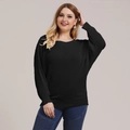 Detail of plus size black knitted sweater with batwing sleeves and round neckline - Black