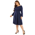 Navy blue scalloped off-the-shoulder long sleeve A-line dress for elegant women - 0XL/L / Navy Blue