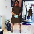 Elegant deep brown mock neck dress with half sleeves and subtle ribbed texture - S / Brown