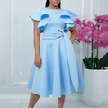 Detail of light blue dress showing ruffled sleeves and a gold buckle belted waistline - S / Sky Blue