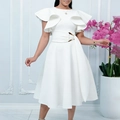 Detail of elegant white dress featuring ruffled sleeves and waist belt with metallic buckle - S / White