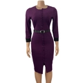 Detail van paarse bodycon jurk met knopenrij, zwarte riem en contrast manchetten - S / Donkerpaars