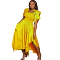 Detail of yellow evening dress with smocked bodice and oversized shoulder bow decoration - S / Yellow